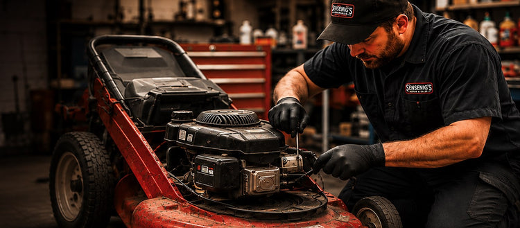 A man in a black work shirt and cap with logo kneels beside a red lawnmower in a garage, working on the engine. The background shows a workshop with tools and shelves.
