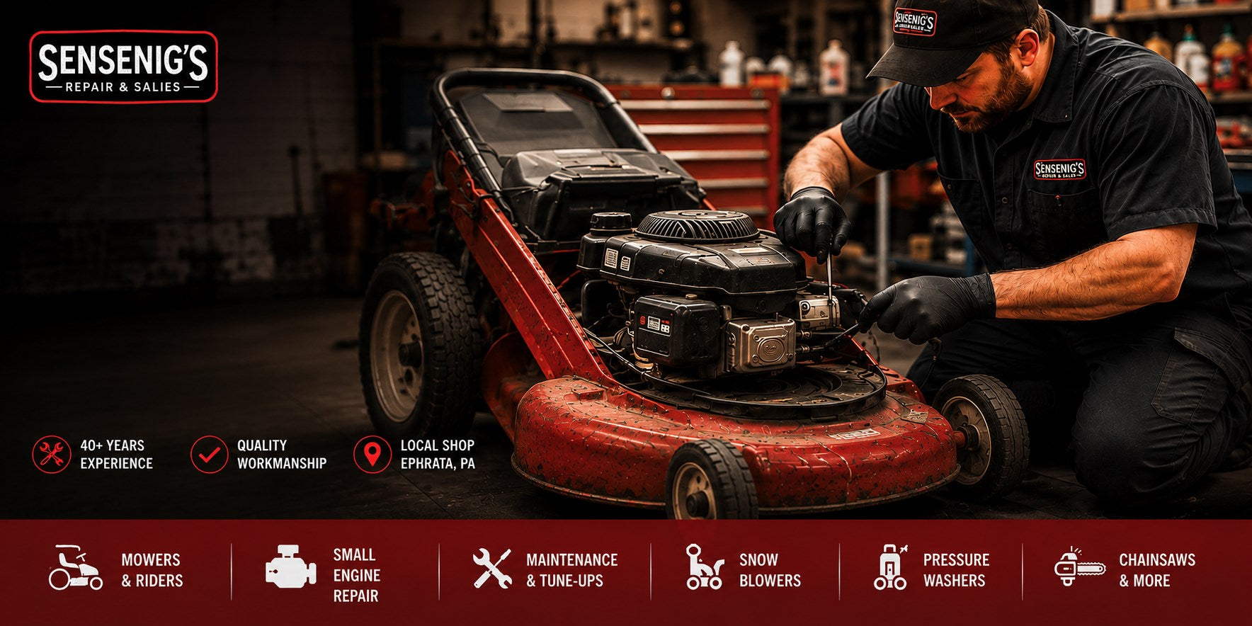 A man in a black Sensenig's uniform and cap kneels beside a red lawnmower in a workshop setting, with the Sensenig's Repair & Sales logo and service icons displayed on a dark banner at the bottom.